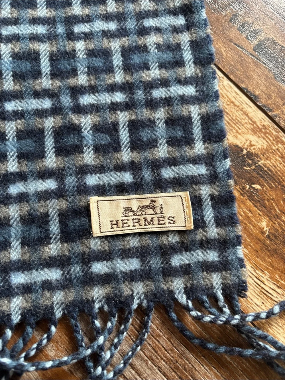 Hermes Men's Navy and Light Blue Checked Wool Scarf